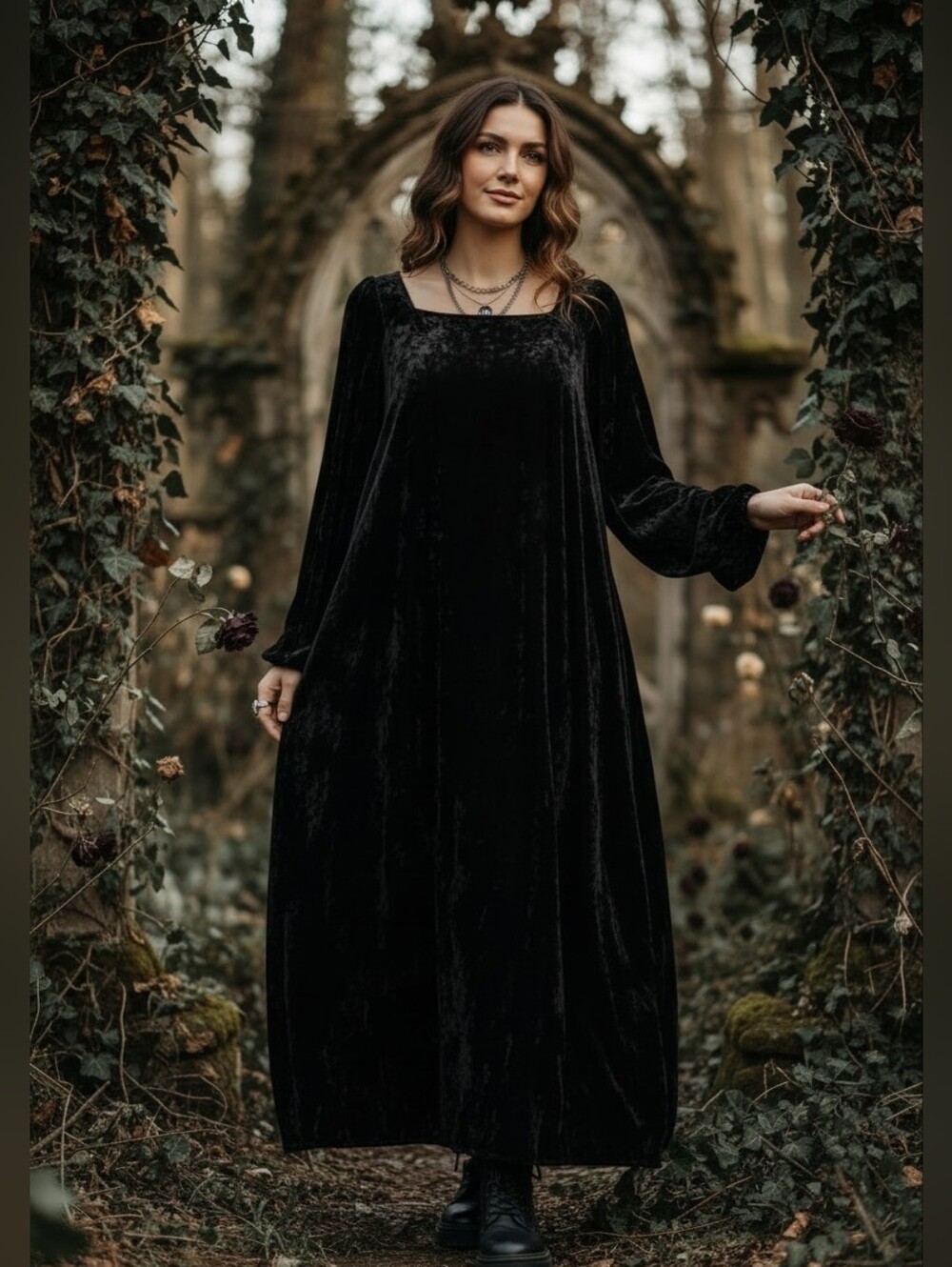 Women's Black Velvet Square Neck High Low Maxi Dress Witchy Goth Victorian